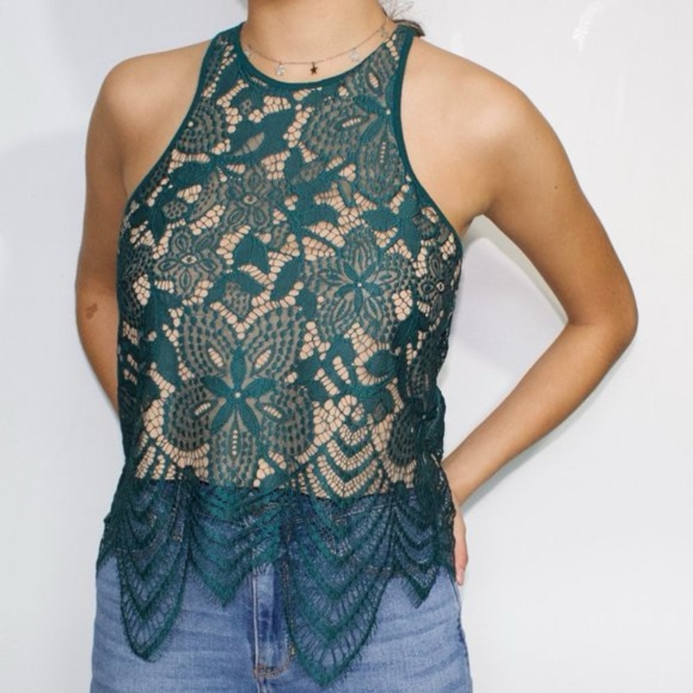 Express Teal Green Lace Tank Top Nude Lining Whimsigoth Fairy Grunge Hem M